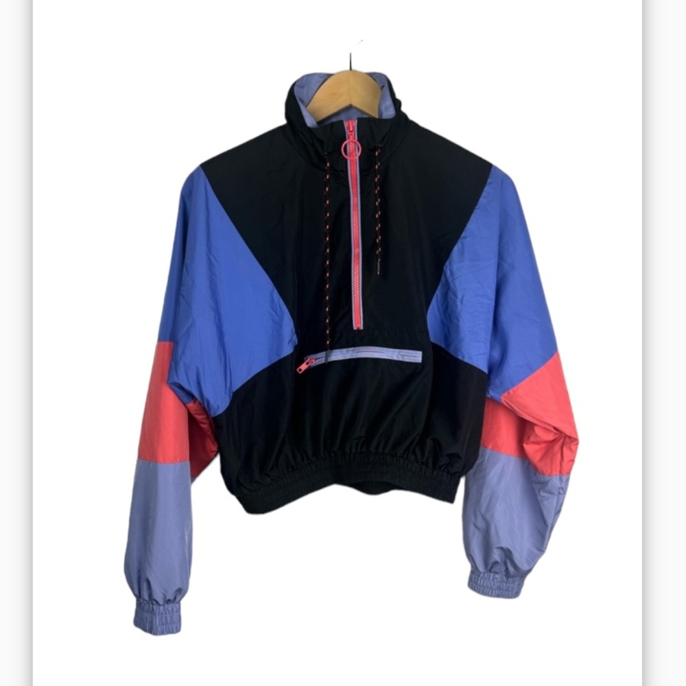 NWT Forever‎ 21 black/coral/blue/purple 90’s retro cropped half zip windbreaker